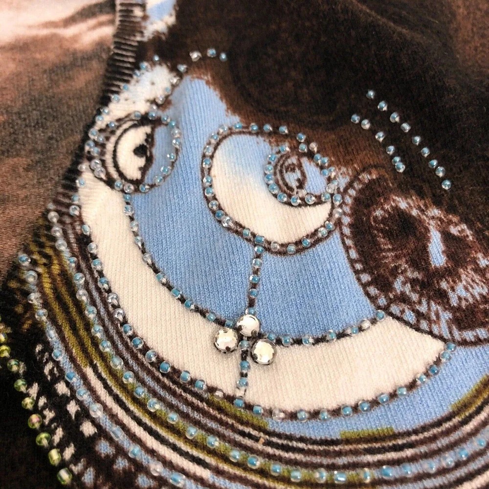 Vertigo Embellished Sweater Brown Blue Celestial Face Rhinestone Studded